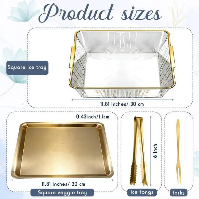 Alt view image 2 of 7 - 2 Set Chilled Serving Tray for Christmas Parties Ice Chilled Party Platter Charcuterie Serving Board Cold Dish Dip with Forks Tongs for Fruit Seafood Vegetable Appetizer (11.81",Gold)