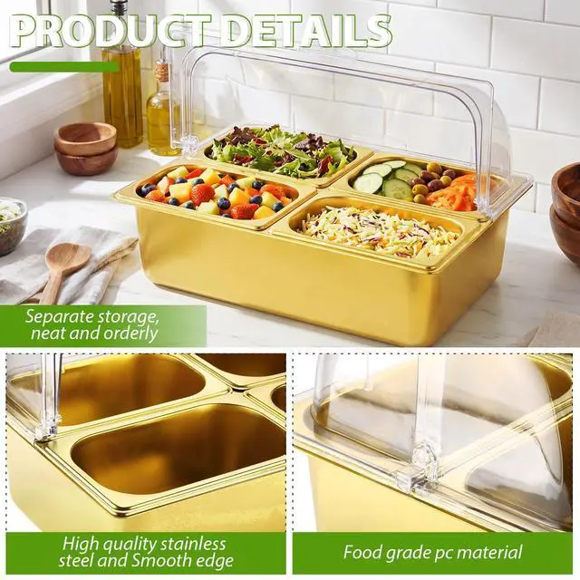 Alt view image 5 of 7 - Countertop Food Serving Display Container and Clear Roll Top Cover Stainless Steel Food Serving Tray Buffet Condiment Dispenser Display Rack for Restaurant Kitchen (Gold,21 x 13 x 13'')