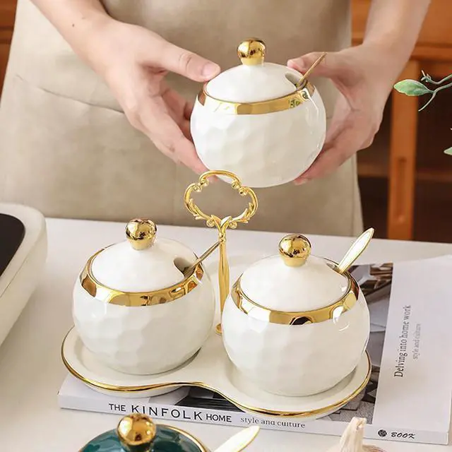 Alt view image 6 of 7 - Foraineam Porcelain Condiment Pot Sugar Bowl Spice Jars with Lid, Spoon and Tray, Salt Container Spice Box Seasoning Pots, White Sugar Salt Bowls Set for Kitchen, Restaurant, Coffee Bar, Set of 3
