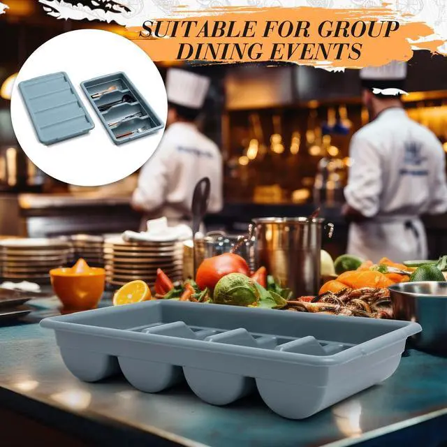 Alt view image 6 of 7 - 3 Pcs 20.5 x 11.9 x 3.7 Inch Silverware Organizer with Lid, Commercial 4-compartment Restaurant Kitchen Cutlery Tray, Plastic Silverware Storage Container, Condiments Holder (Grayish Blue)