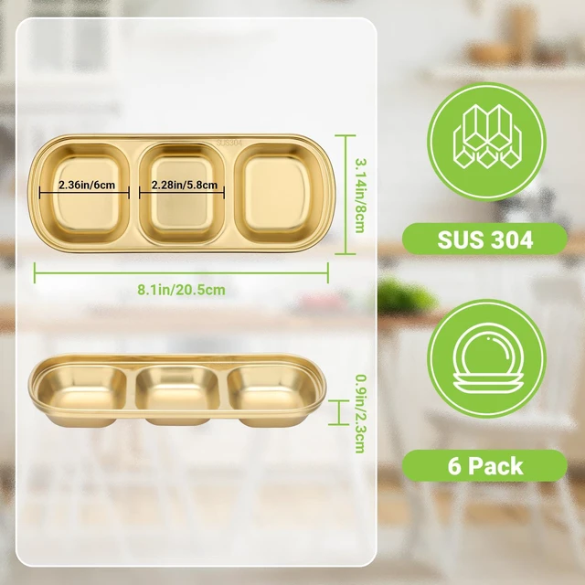 Alt view image 2 of 7 - 304(18/8) Stainless Steel Sauce Dish, 6 Pack 3 Sections Divided Condiment Plates Trays for Dip, Soy Sauce, Salsa, Side Dishes, Reusable Metal Gold Bowls with Separator, Oven Safe
