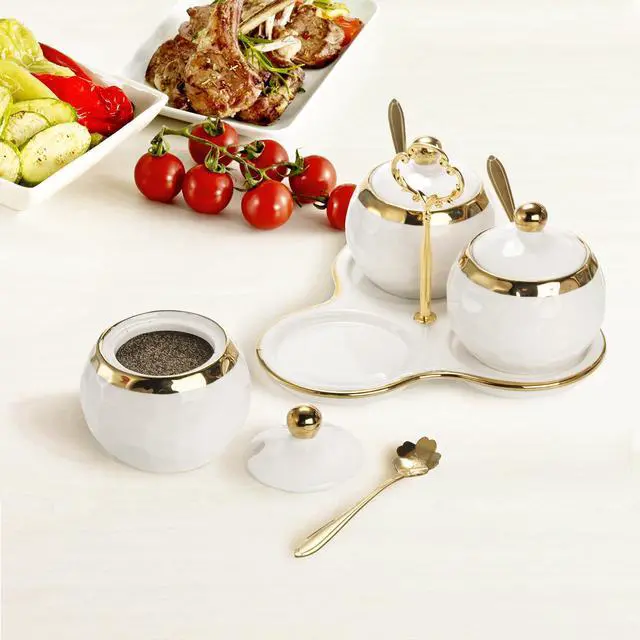 Alt view image 7 of 7 - Foraineam Porcelain Condiment Pot Sugar Bowl Spice Jars with Lid, Spoon and Tray, Salt Container Spice Box Seasoning Pots, White Sugar Salt Bowls Set for Kitchen, Restaurant, Coffee Bar, Set of 3