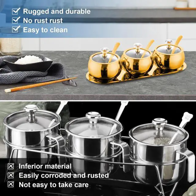 Alt view image 6 of 7 - 304 Stainless Steel Seasoning Containers Set, Condiment Jar Spice Container with Lid Spoon and Tray