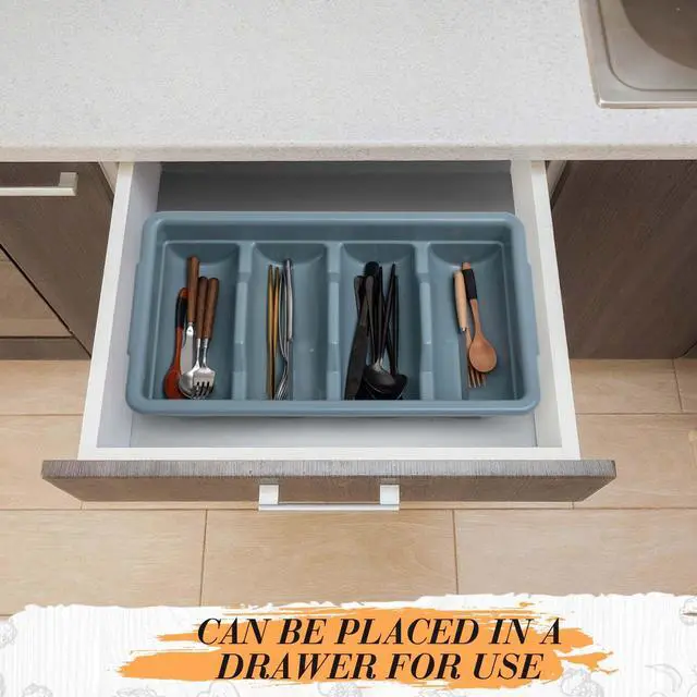 Alt view image 7 of 7 - 3 Pcs 20.5 x 11.9 x 3.7 Inch Silverware Organizer with Lid, Commercial 4-compartment Restaurant Kitchen Cutlery Tray, Plastic Silverware Storage Container, Condiments Holder (Grayish Blue)