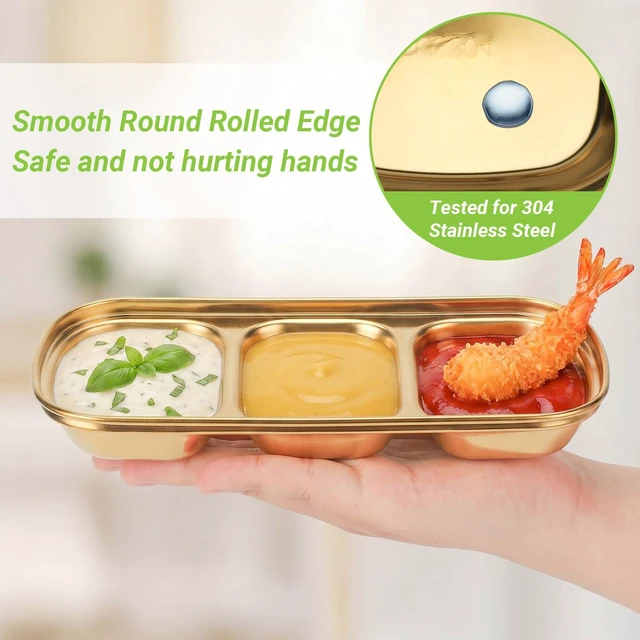 Alt view image 3 of 7 - 304(18/8) Stainless Steel Sauce Dish, 6 Pack 3 Sections Divided Condiment Plates Trays for Dip, Soy Sauce, Salsa, Side Dishes, Reusable Metal Gold Bowls with Separator, Oven Safe