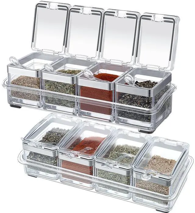 Main image of 2 Set Acrylic Seasoning Organizer Box 10 x 4 x 3.2 in 8 Clear Seasoning Rack Spice Pot Condiment Container with Lid and Spoon Storage Container Spice Jar for Sugar Salt Kitchen Cooking Organizer