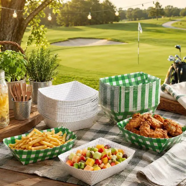 Alt view image 4 of 7 - 100 Pcs Golf Party Supplies 2lb Golf Paper Food Trays Disposable Serving Tray Snack Trays Food Boats for Condiment Carnivals Sports Golfs Themed Birthday Party Decorations (Plaid)