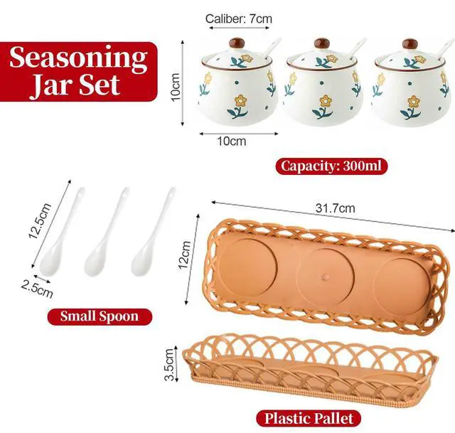 Alt view image 2 of 6 - Kitchen Ceramic Condiment Jars with Lids and Spoons, 3 Piece Porcelain Seasoning Jar Set for Salt Spice Pepper Suger Bowl, Coffee Tea Container Pot with Serving Tray - A Yellow Flower