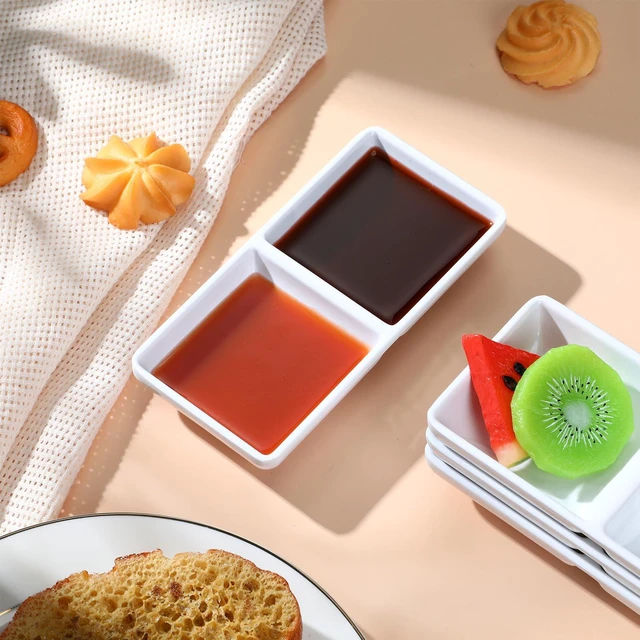 Alt view image 5 of 6 - Gejoy 6 Pcs Dual Dipping Sauce Bowls Soy Sauce Dish Bowls Two Compartments Party Trays Divided Fondue Plates for Restaurant Kitchen Sushi Soy (White)