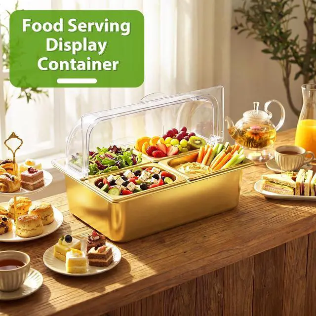 Alt view image 6 of 7 - Countertop Food Serving Display Container and Clear Roll Top Cover Stainless Steel Food Serving Tray Buffet Condiment Dispenser Display Rack for Restaurant Kitchen (Gold,21 x 13 x 13'')