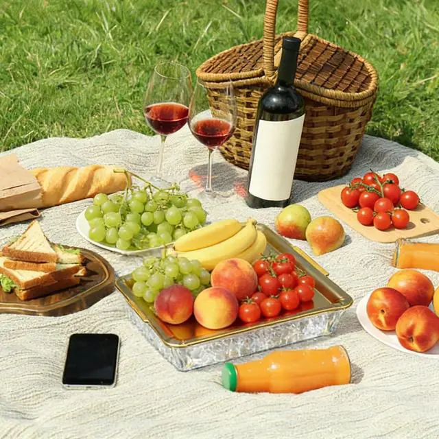 Alt view image 3 of 7 - 2 Set Chilled Serving Tray for Christmas Parties Ice Chilled Party Platter Charcuterie Serving Board Cold Dish Dip with Forks Tongs for Fruit Seafood Vegetable Appetizer (11.81",Gold)