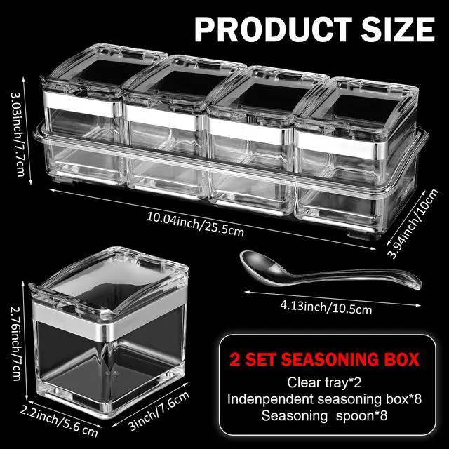 Alt view image 2 of 6 - 2 Set Acrylic Seasoning Organizer Box 10 x 4 x 3.2 in 8 Clear Seasoning Rack Spice Pot Condiment Container with Lid and Spoon Storage Container Spice Jar for Sugar Salt Kitchen Cooking Organizer