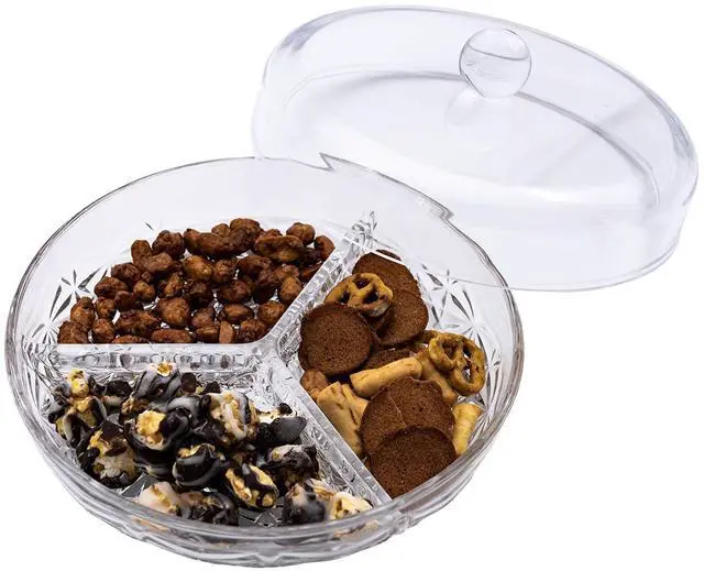 Main image of 3-Section Divided Serving Dishes with Lid | Round Snack and Condiment Tray With Cover | Multifunctional Party Snack Tray for Nuts, Candies, Fruit, and Veggies