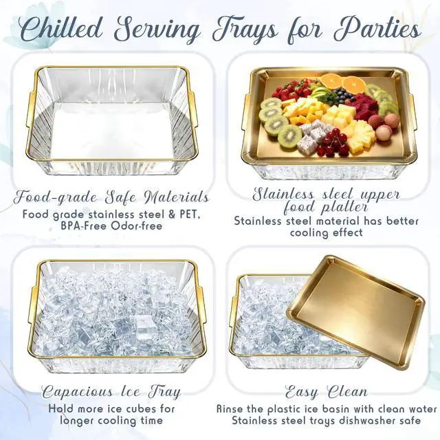 Alt view image 4 of 7 - 2 Set Chilled Serving Tray for Christmas Parties Ice Chilled Party Platter Charcuterie Serving Board Cold Dish Dip with Forks Tongs for Fruit Seafood Vegetable Appetizer (11.81",Gold)