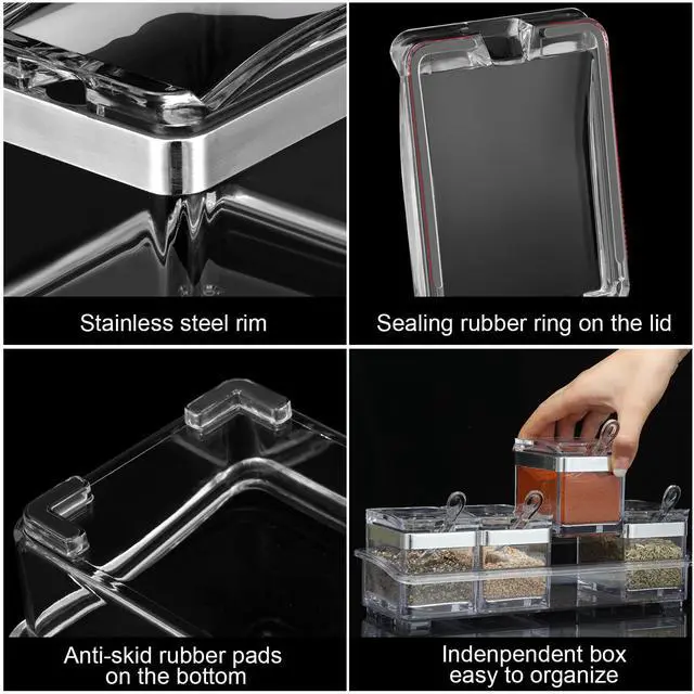 Alt view image 3 of 6 - 2 Set Acrylic Seasoning Organizer Box 10 x 4 x 3.2 in 8 Clear Seasoning Rack Spice Pot Condiment Container with Lid and Spoon Storage Container Spice Jar for Sugar Salt Kitchen Cooking Organizer