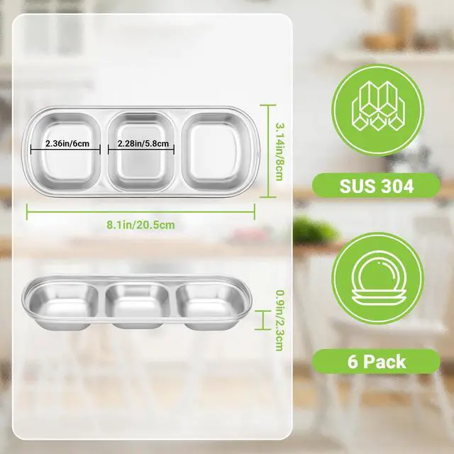 Alt view image 2 of 7 - 304(18/8) Stainless Steel Sauce Dish, 6 Pack 3 Sections Divided Condiment Plates Trays for Dip, Soy Sauce, Salsa, Side Dishes, Reusable Metal Silver Bowls with Separator, Oven Dishwasher Safe