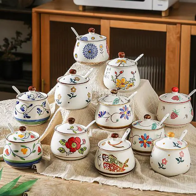 Alt view image 5 of 6 - Kitchen Ceramic Condiment Jars with Lids and Spoons, 3 Piece Porcelain Seasoning Jar Set for Salt Spice Pepper Suger Bowl, Coffee Tea Container Pot with Serving Tray - A Yellow Flower