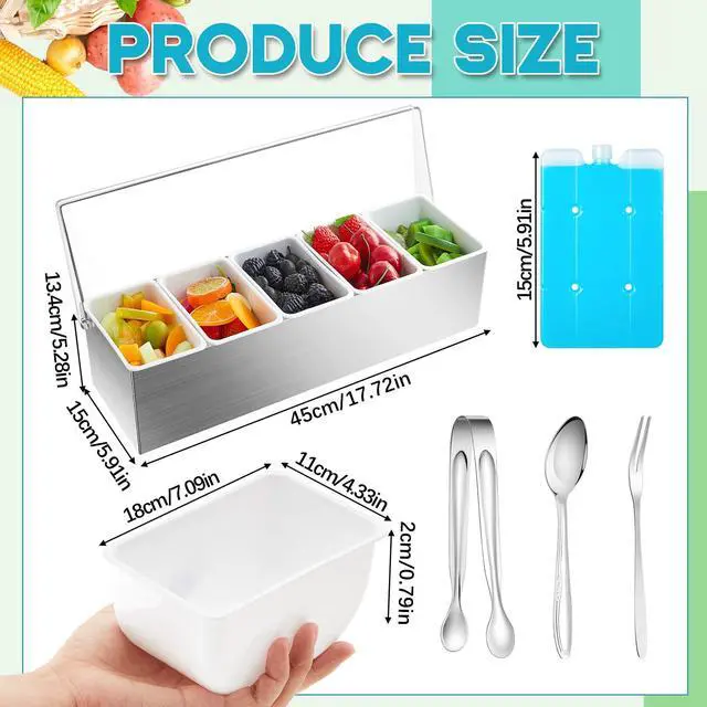Alt view image 3 of 6 - 1 Pack Stainless Steel Chilled Condiment Server 5 Removable Slot Toppings Containers with Lid and Bottom Ice Bar Garnish Tray with 9 Silverwares 4 Ice Boxes for Christmas Party, Events and Bar