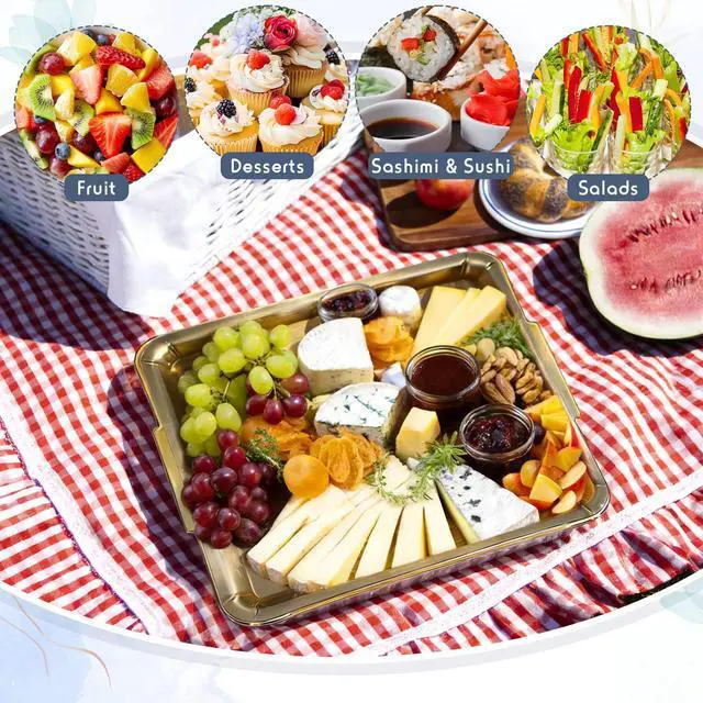Alt view image 6 of 7 - 2 Set Chilled Serving Tray for Christmas Parties Ice Chilled Party Platter Charcuterie Serving Board Cold Dish Dip with Forks Tongs for Fruit Seafood Vegetable Appetizer (11.81",Gold)