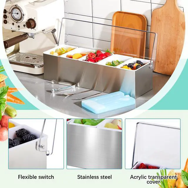 Alt view image 4 of 6 - 1 Pack Stainless Steel Chilled Condiment Server 5 Removable Slot Toppings Containers with Lid and Bottom Ice Bar Garnish Tray with 9 Silverwares 4 Ice Boxes for Christmas Party, Events and Bar