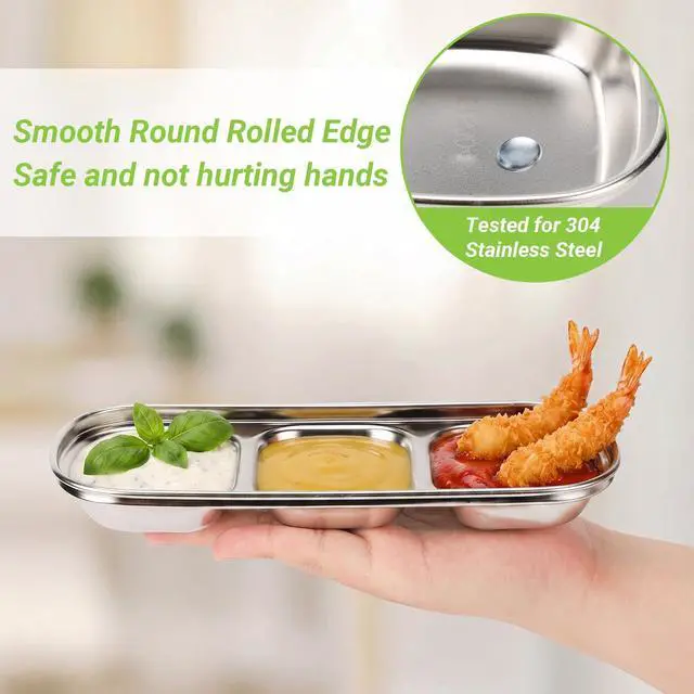 Alt view image 3 of 7 - 304(18/8) Stainless Steel Sauce Dish, 6 Pack 3 Sections Divided Condiment Plates Trays for Dip, Soy Sauce, Salsa, Side Dishes, Reusable Metal Silver Bowls with Separator, Oven Dishwasher Safe