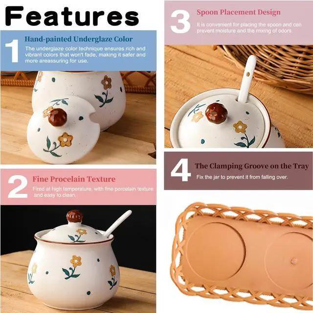 Alt view image 6 of 6 - Kitchen Ceramic Condiment Jars with Lids and Spoons, 3 Piece Porcelain Seasoning Jar Set for Salt Spice Pepper Suger Bowl, Coffee Tea Container Pot with Serving Tray - A Yellow Flower