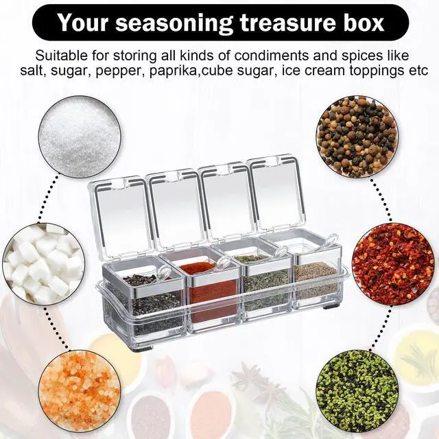 Alt view image 5 of 6 - 2 Set Acrylic Seasoning Organizer Box 10 x 4 x 3.2 in 8 Clear Seasoning Rack Spice Pot Condiment Container with Lid and Spoon Storage Container Spice Jar for Sugar Salt Kitchen Cooking Organizer