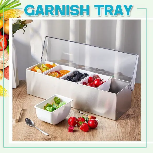 Alt view image 5 of 6 - 1 Pack Stainless Steel Chilled Condiment Server 5 Removable Slot Toppings Containers with Lid and Bottom Ice Bar Garnish Tray with 9 Silverwares 4 Ice Boxes for Christmas Party, Events and Bar