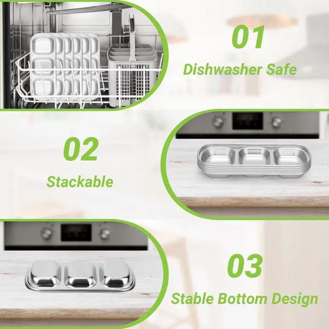 Alt view image 4 of 7 - 304(18/8) Stainless Steel Sauce Dish, 6 Pack 3 Sections Divided Condiment Plates Trays for Dip, Soy Sauce, Salsa, Side Dishes, Reusable Metal Silver Bowls with Separator, Oven Dishwasher Safe