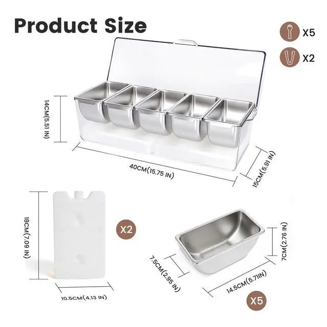 Alt view image 2 of 6 - Chilled Condiment Caddy with 5 Stainless Steel Compartments Condiment Containers with Lids, Serving Tray for Party, Bar, Salad, Taco & Fruit Garnish, Includes 2 Ice Packs, 5 Forks and 2 Tongs