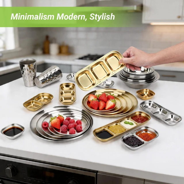 Alt view image 7 of 7 - 304(18/8) Stainless Steel Sauce Dish, 6 Pack 3 Sections Divided Condiment Plates Trays for Dip, Soy Sauce, Salsa, Side Dishes, Reusable Metal Gold Bowls with Separator, Oven Safe