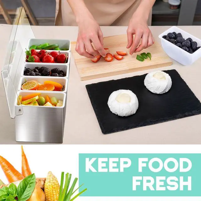Alt view image 6 of 6 - 1 Pack Stainless Steel Chilled Condiment Server 5 Removable Slot Toppings Containers with Lid and Bottom Ice Bar Garnish Tray with 9 Silverwares 4 Ice Boxes for Christmas Party, Events and Bar