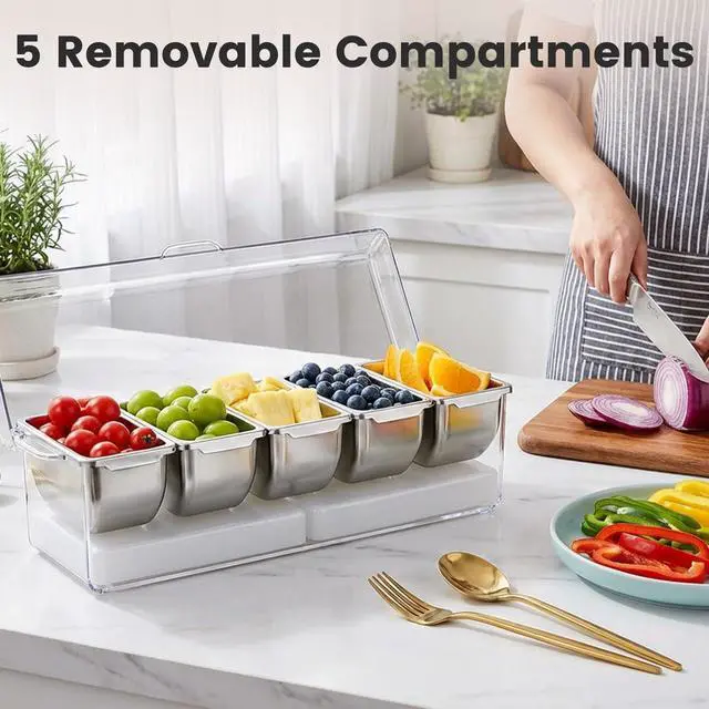 Alt view image 3 of 6 - Chilled Condiment Caddy with 5 Stainless Steel Compartments Condiment Containers with Lids, Serving Tray for Party, Bar, Salad, Taco & Fruit Garnish, Includes 2 Ice Packs, 5 Forks and 2 Tongs