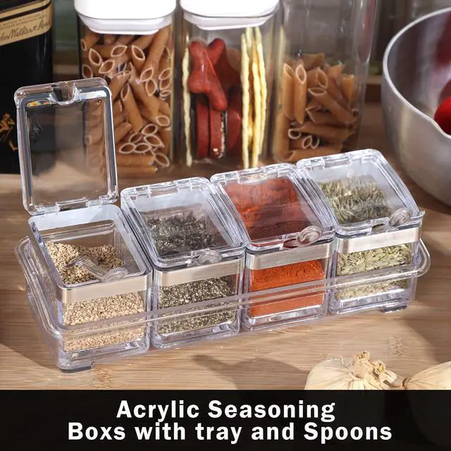 Alt view image 6 of 6 - 2 Set Acrylic Seasoning Organizer Box 10 x 4 x 3.2 in 8 Clear Seasoning Rack Spice Pot Condiment Container with Lid and Spoon Storage Container Spice Jar for Sugar Salt Kitchen Cooking Organizer