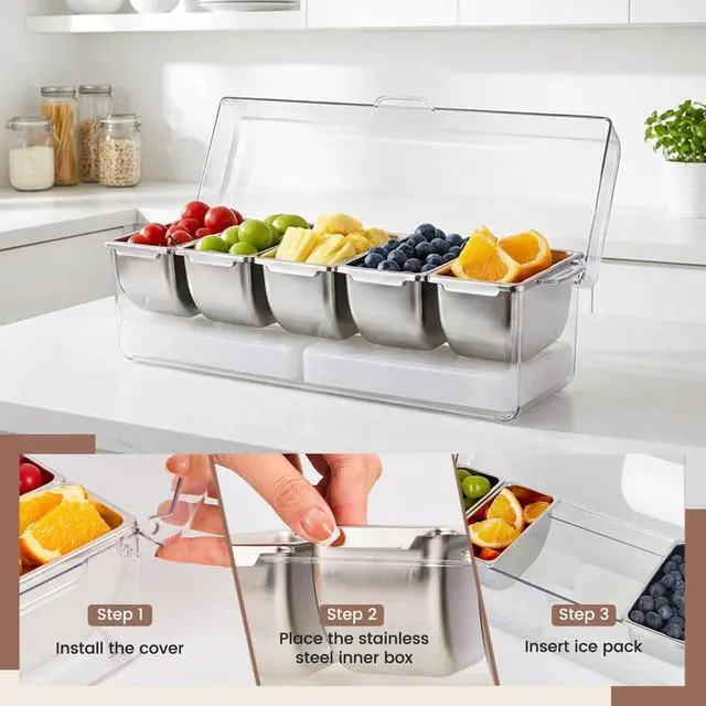 Alt view image 4 of 6 - Chilled Condiment Caddy with 5 Stainless Steel Compartments Condiment Containers with Lids, Serving Tray for Party, Bar, Salad, Taco & Fruit Garnish, Includes 2 Ice Packs, 5 Forks and 2 Tongs