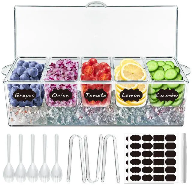 Main image of Chilled Condiment Server Tray, Bar Fruit Caddy with Lid and 5 Removable Compartments, Clear Ice Condiment Serving Tray for Party, Toppings Bar Container, Garnish