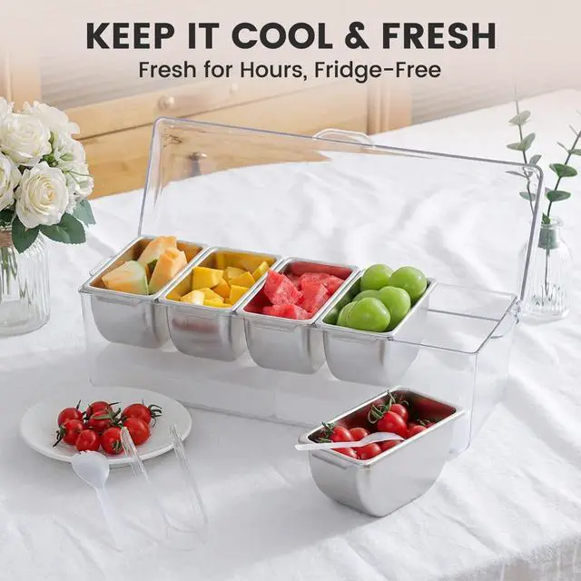 Alt view image 5 of 6 - Chilled Condiment Caddy with 5 Stainless Steel Compartments Condiment Containers with Lids, Serving Tray for Party, Bar, Salad, Taco & Fruit Garnish, Includes 2 Ice Packs, 5 Forks and 2 Tongs