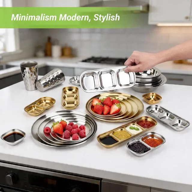 Alt view image 7 of 7 - 304(18/8) Stainless Steel Sauce Dish, 6 Pack 3 Sections Divided Condiment Plates Trays for Dip, Soy Sauce, Salsa, Side Dishes, Reusable Metal Silver Bowls with Separator, Oven Dishwasher Safe