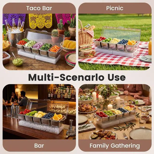 Alt view image 6 of 6 - Chilled Condiment Caddy with 5 Stainless Steel Compartments Condiment Containers with Lids, Serving Tray for Party, Bar, Salad, Taco & Fruit Garnish, Includes 2 Ice Packs, 5 Forks and 2 Tongs