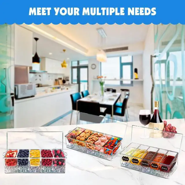 Alt view image 4 of 6 - Chilled Condiment Server Tray, Bar Fruit Caddy with Lid and 5 Removable Compartments, Clear Ice Condiment Serving Tray for Party, Toppings Bar Container, Garnish