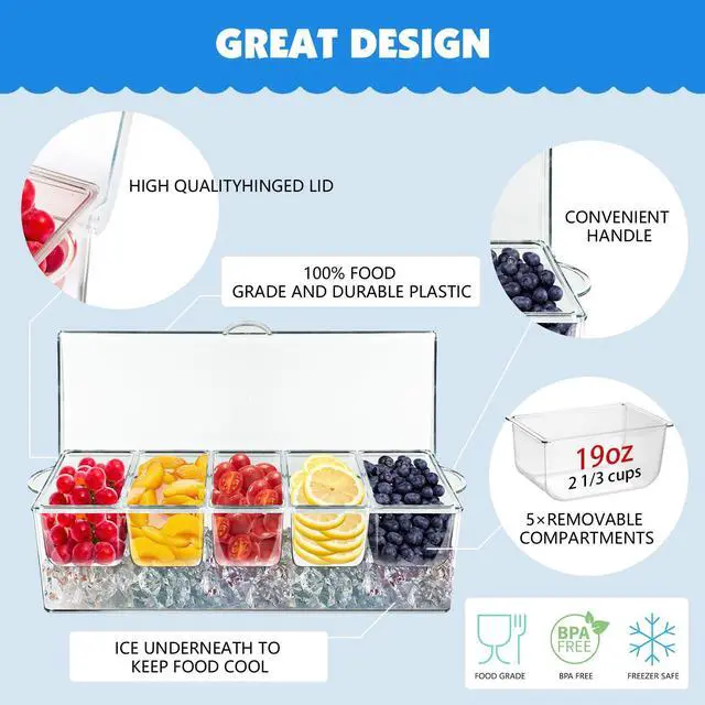 Alt view image 5 of 6 - Chilled Condiment Server Tray, Bar Fruit Caddy with Lid and 5 Removable Compartments, Clear Ice Condiment Serving Tray for Party, Toppings Bar Container, Garnish