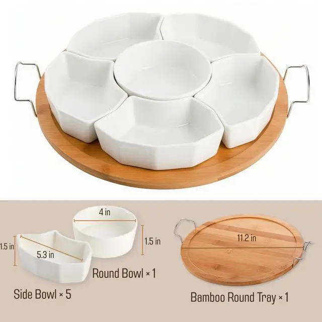 Alt view image 2 of 7 - Chip and Dip Serving Set, 11'' Divided Serving Platters Tray for Party, 6-Compartment Removable Appetizer Snack Dishes, Round Sectional Serving Platter for Fruits, Condiment