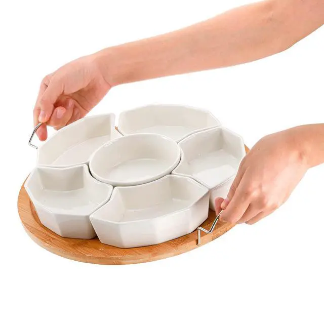 Alt view image 3 of 7 - Chip and Dip Serving Set, 11'' Divided Serving Platters Tray for Party, 6-Compartment Removable Appetizer Snack Dishes, Round Sectional Serving Platter for Fruits, Condiment