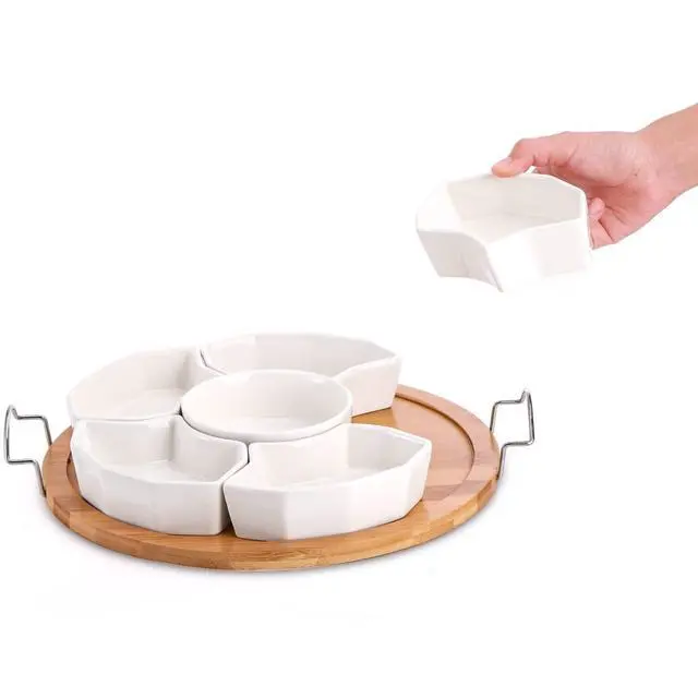 Alt view image 4 of 7 - Chip and Dip Serving Set, 11'' Divided Serving Platters Tray for Party, 6-Compartment Removable Appetizer Snack Dishes, Round Sectional Serving Platter for Fruits, Condiment