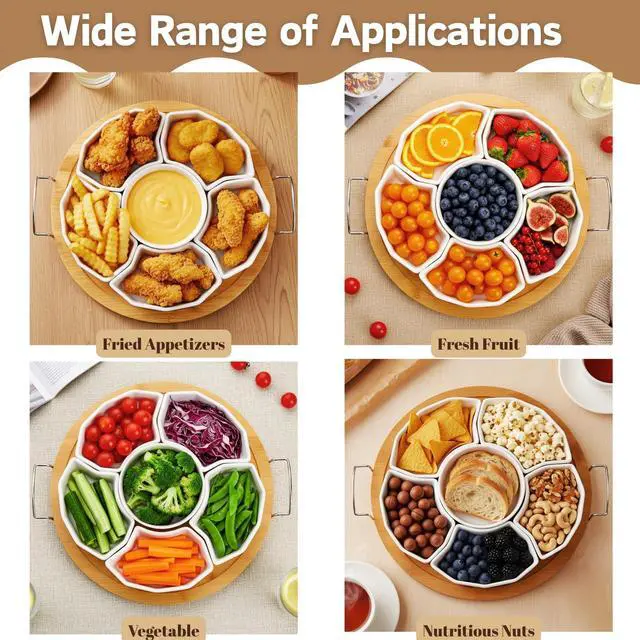 Alt view image 5 of 7 - Chip and Dip Serving Set, 11'' Divided Serving Platters Tray for Party, 6-Compartment Removable Appetizer Snack Dishes, Round Sectional Serving Platter for Fruits, Condiment