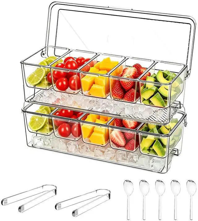 Main image of Ice Chilled Condiment Caddy Containers Server with Lids Party Serving Tray | Plastic Serving Trays with 2 Clips 4 Forks Food Tray for Outdoor Party and Bar Condiment Caddy Lemonade Stand Supplies 2 Pa