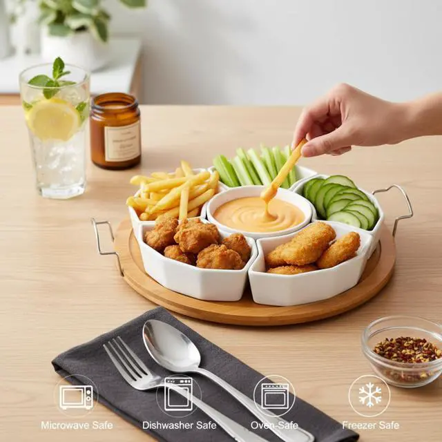 Alt view image 7 of 7 - Chip and Dip Serving Set, 11'' Divided Serving Platters Tray for Party, 6-Compartment Removable Appetizer Snack Dishes, Round Sectional Serving Platter for Fruits, Condiment