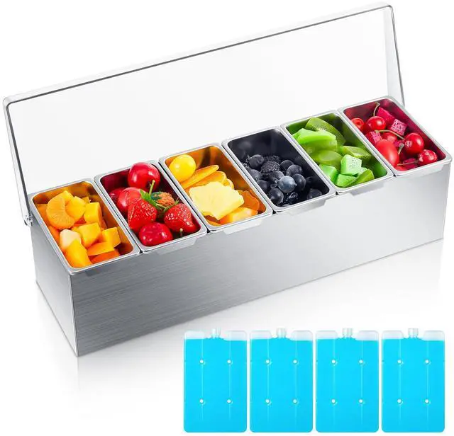 Main image of Boao 6 Slot Ice Chilled Stainless Steel Condiment Caddy with 4 Ice Packs, 20oz Compartment Garnish Tray, Toppings Containers with Lids for Summer Bar BBQ Picnic Sauce Fruit Party Food Station