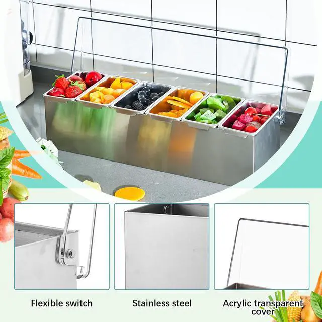 Alt view image 4 of 7 - Boao 6 Slot Ice Chilled Stainless Steel Condiment Caddy with 4 Ice Packs, 20oz Compartment Garnish Tray, Toppings Containers with Lids for Summer Bar BBQ Picnic Sauce Fruit Party Food Station