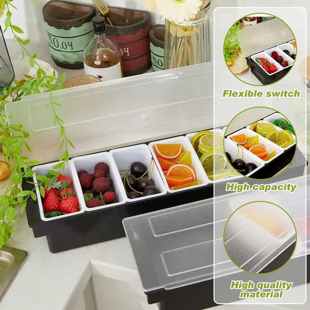 Alt view image 3 of 7 - 2 Pcs Bar Fruit Caddy with Lid Salad Condiment Server Black Plastic Garnish Tray Ice Chilled Condiment Caddy for Home Restaurant Bartending Serving Veggie Taco Salad Party Supplies(6 Compartments)